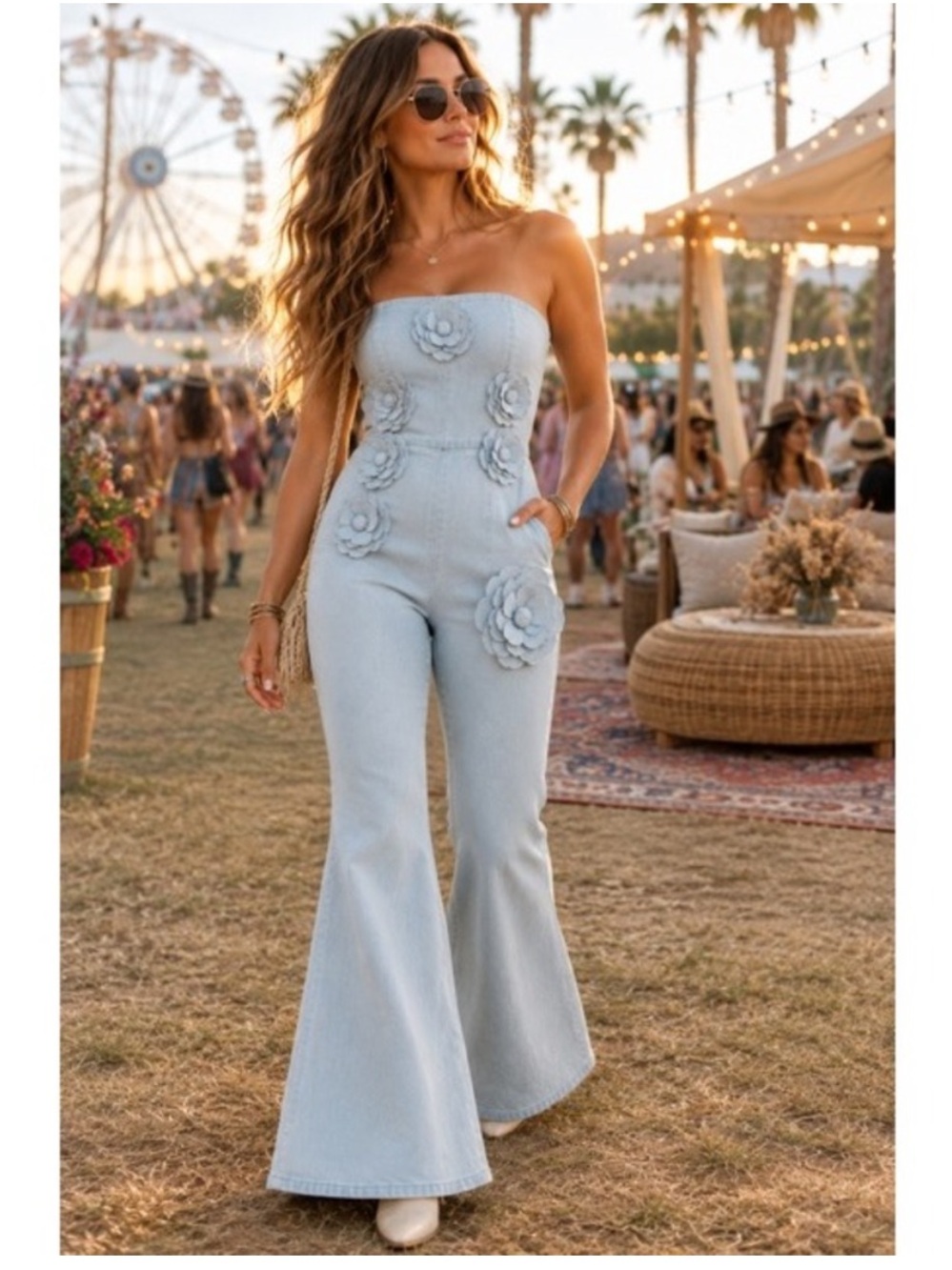 Denim Strapless Flare Leg Jumpsuit 3D Floral Applique Festival Boho Light Wash